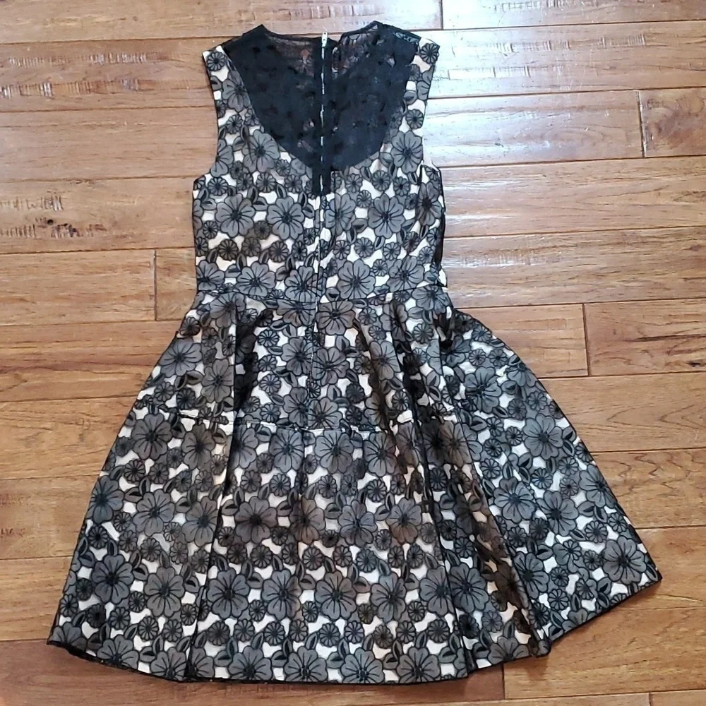 Jill Stuart embroidered lace floral black nude dress
